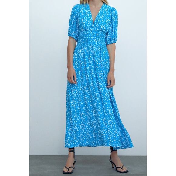 Zara Blue Floral Print Button Front Slit Midi Dress. - Picture 1 of 12